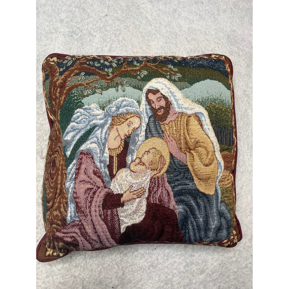 Vintage Nativity Tapestry Throw Pillow Holy Family Christmas Decor Burgundy